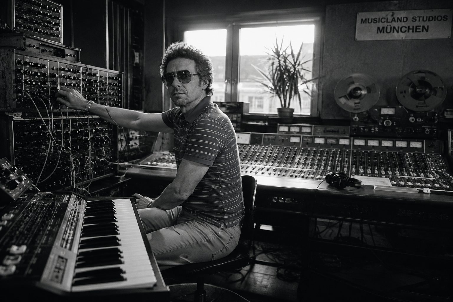 Black-and-white archival portrait of Giorgio Moroder inside Musicland Studios surrounded by analogue synthesizers and tape machines. Dust visible in hard Munich morning light.