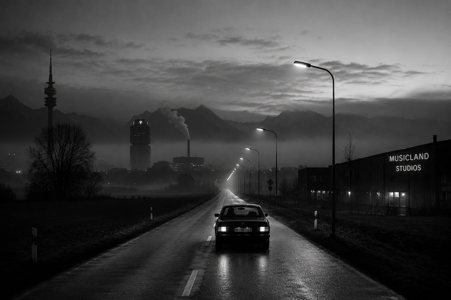 Minimalist predawn European road image.