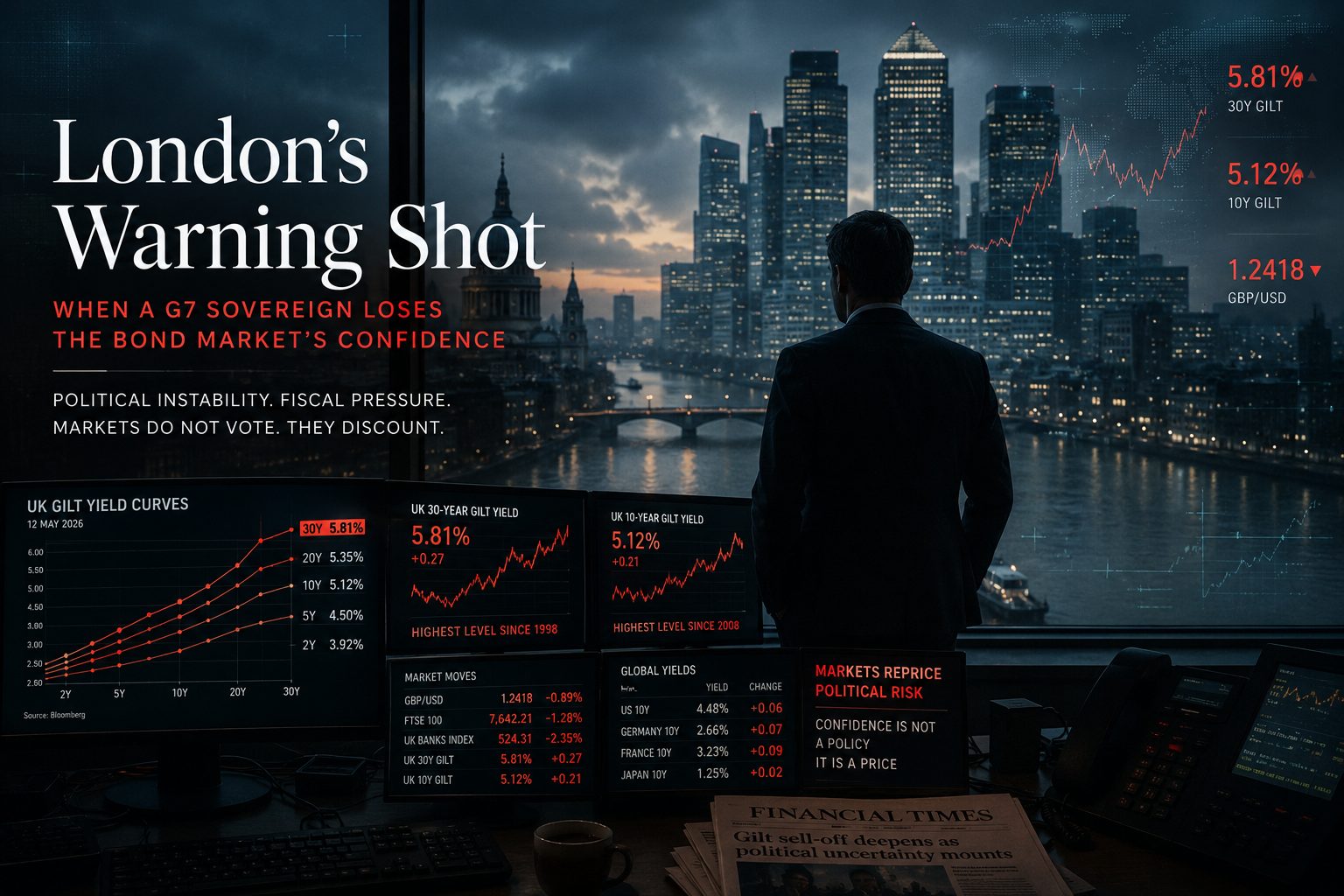 A London trading floor overlooks the Thames as gilt yields surge to their highest levels in decades, reflecting the market’s reassessment of Britain’s political and fiscal stability. May 2026.
