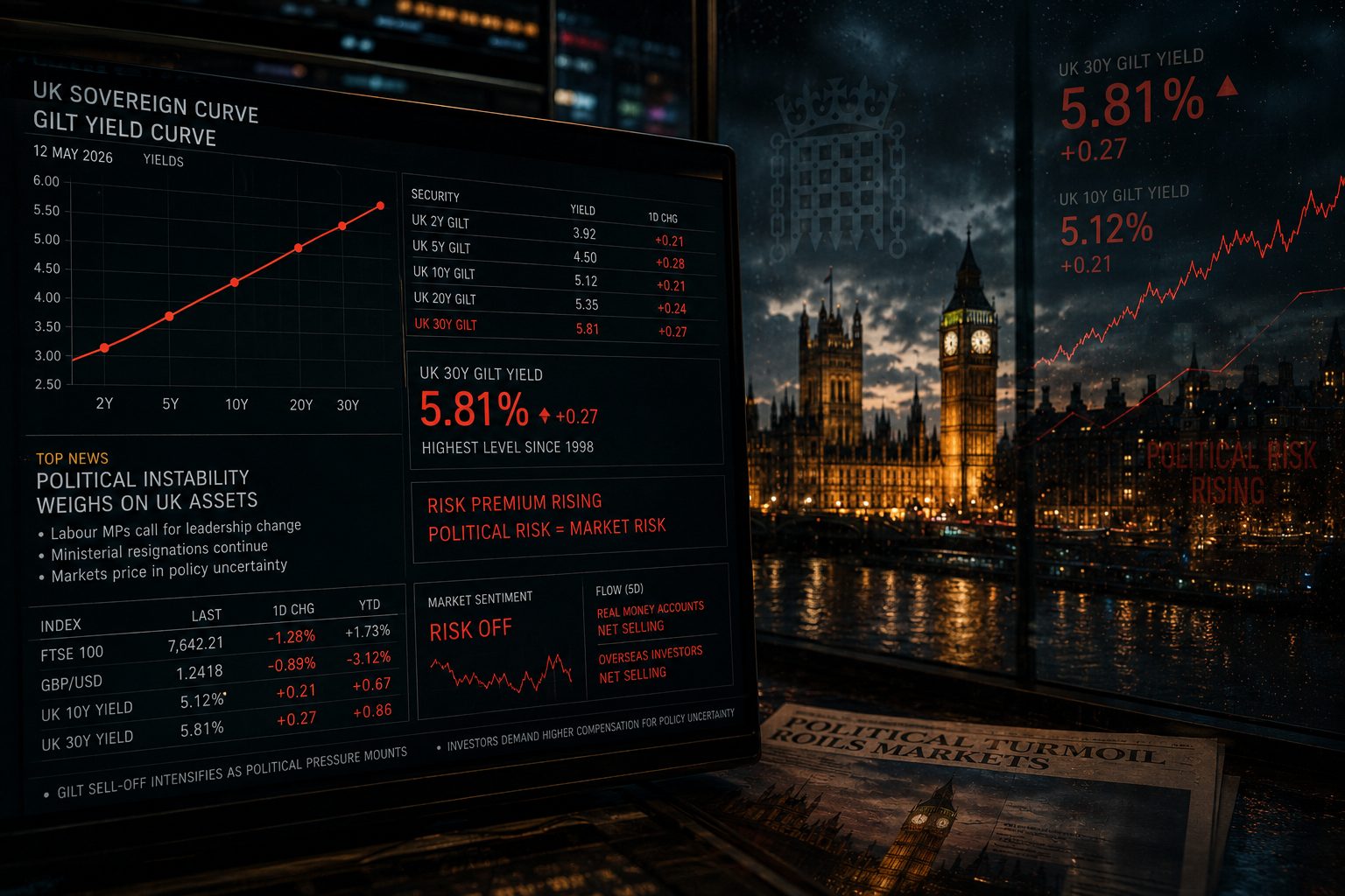 UK government bond yields rise sharply as political instability in Westminster feeds directly into sovereign risk pricing across global markets.