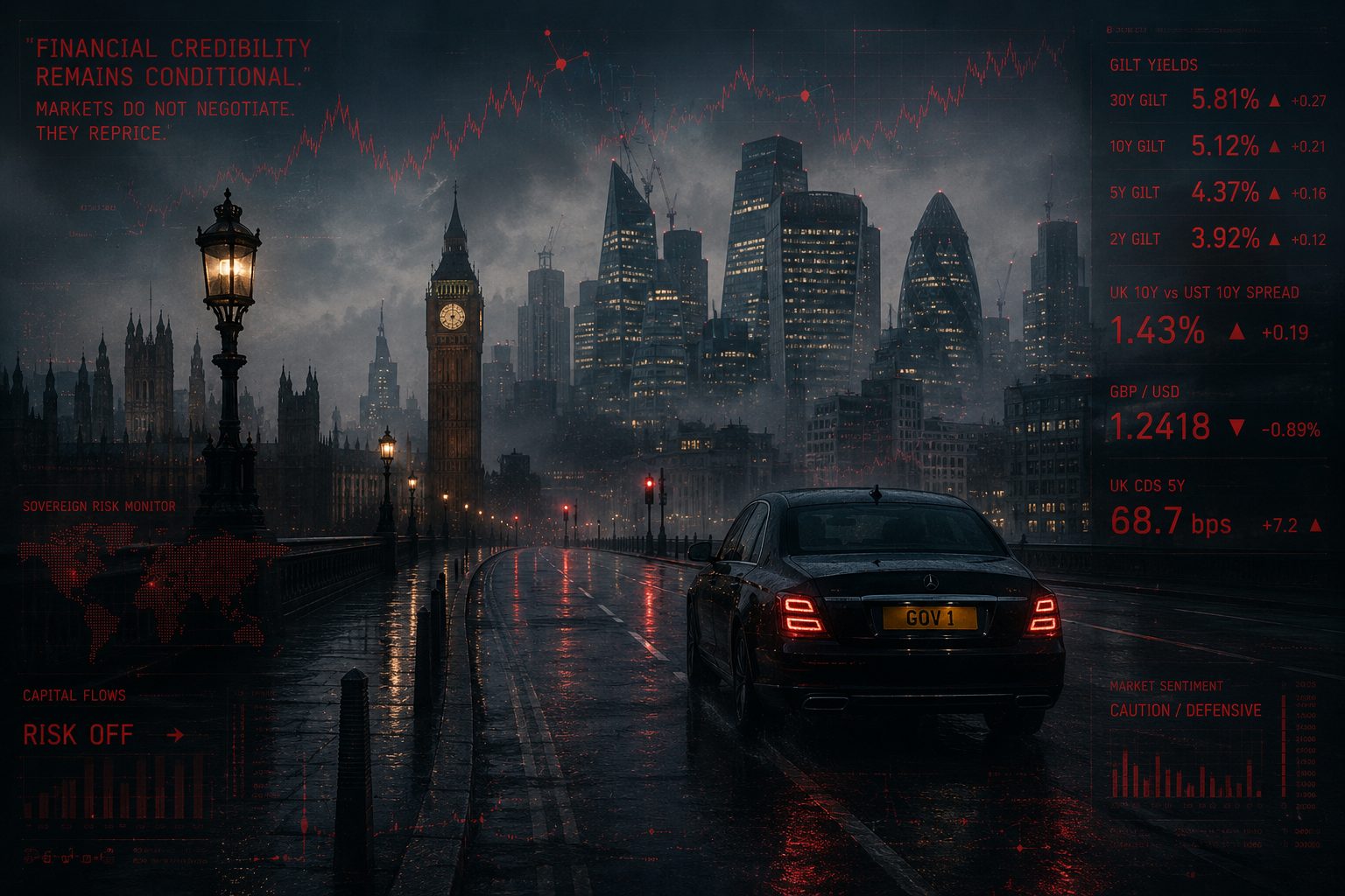 Rain falls across an empty Westminster roadway as financial markets continue to reprice political uncertainty, sovereign credibility, and the future cost of capital in Britain.
