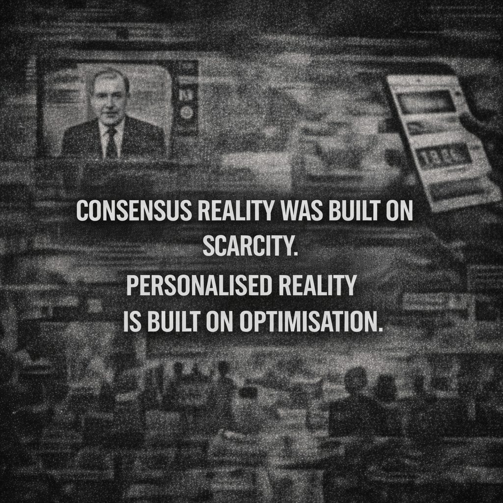 Consensus reality was constrained by limits.
Personalised reality is constrained by algorithms.