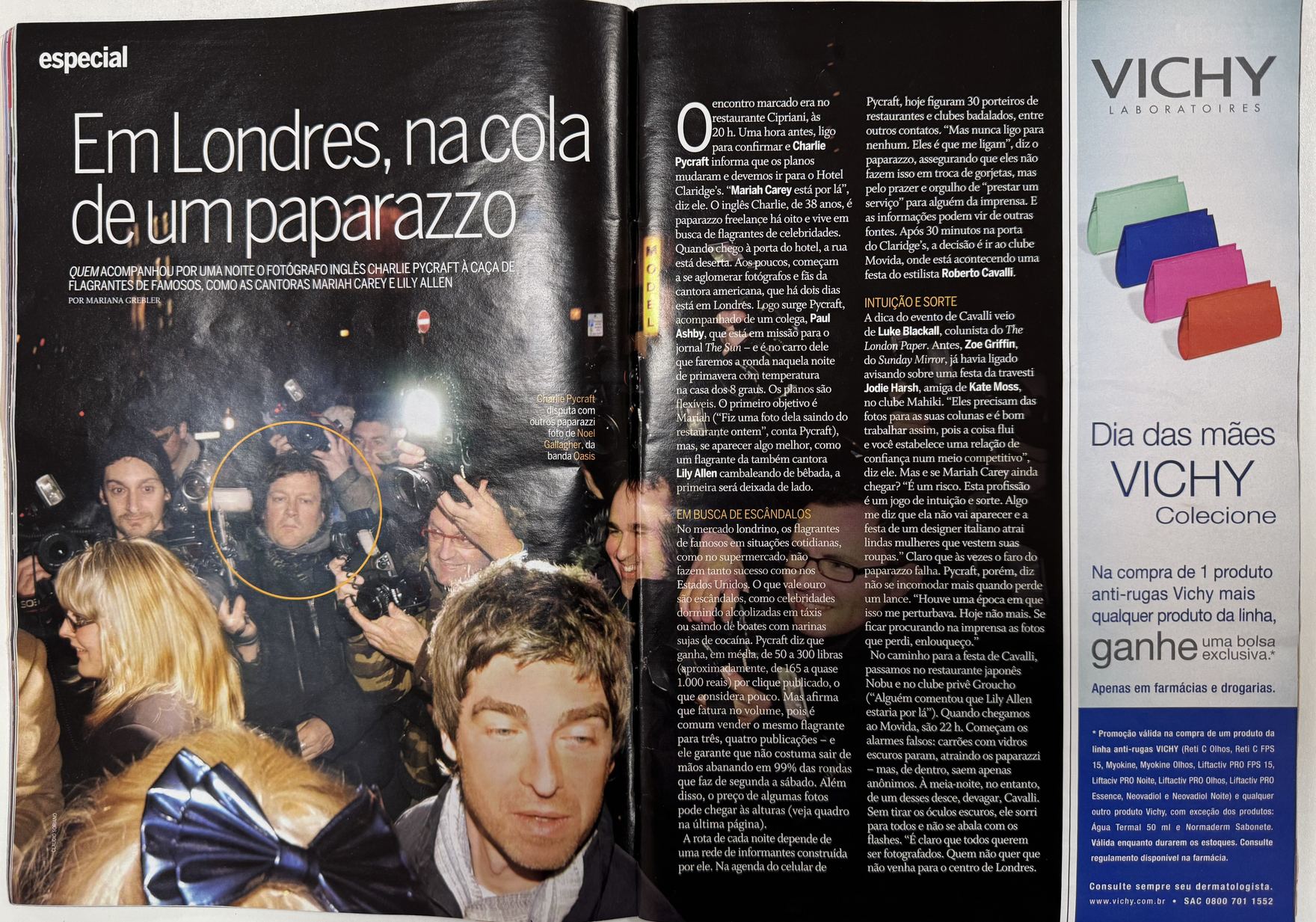 Quem Acontece, Edition 398, published 25 April 2008.
The feature follows a live paparazzi night in London, showing the press crush, the waiting, and the split-second decisions that determined whether an image would sell or vanish unseen.