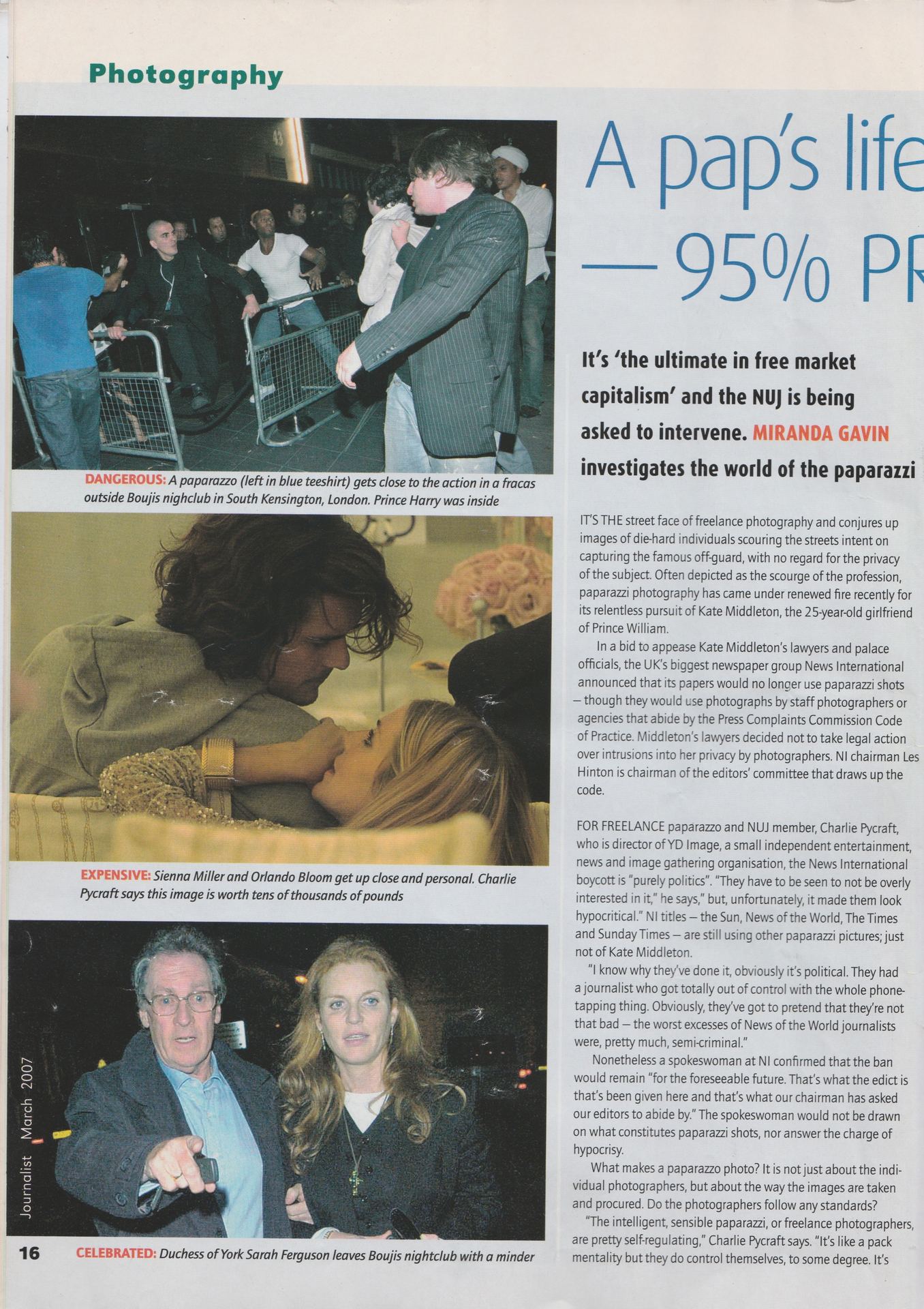 “A pap’s life.” Opening spread from Journalist magazine, March 2007, situating paparazzi work within debates on free-market capitalism, ethics, and press regulation.